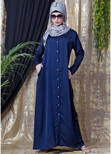 Readymade Blue Button Front Abaya 