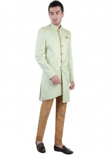 Green Readymade Mens Asymmetric Sherwani In woven Work