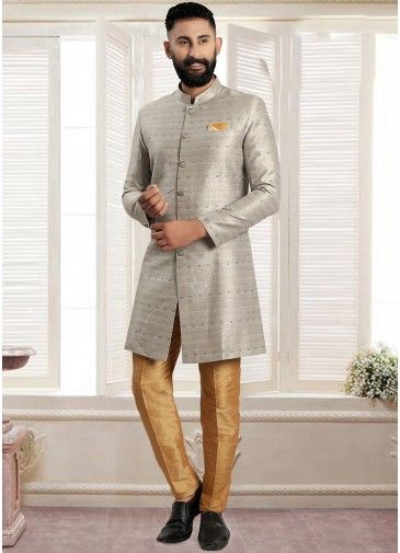 Grey Readymade Digital Printed Men's Sherwani In Jacquard
