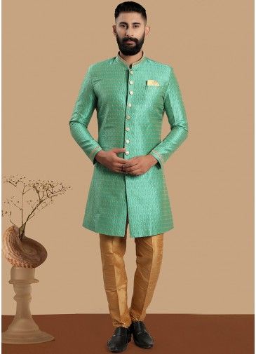 Green Readymade Thread Embroidered Men's Sherwani 