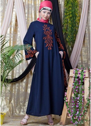 Readymade Flared Embroidered Abaya In Blue