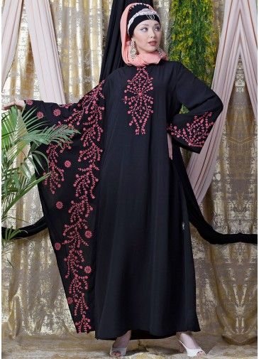 Readymade Embroidered Bell Sleeved Black Abaya