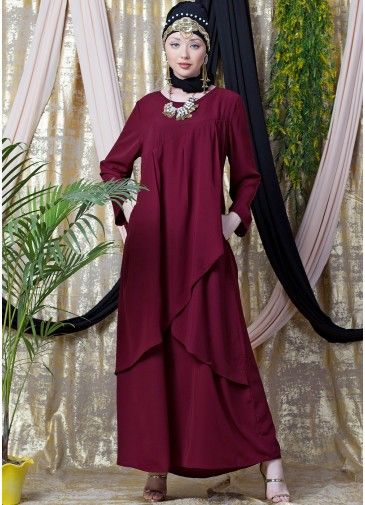 Readymade Asymmetric Layered Abaya In Maroon