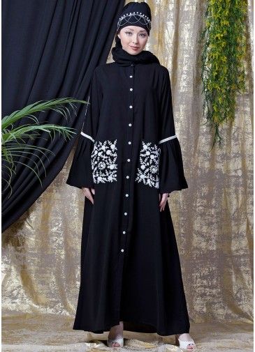 Readymade Black Bell Sleeved Embroidered Abaya