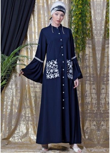 Blue Readymade Embroidered Bell Sleeved Abaya