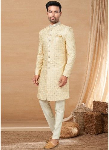 Mens Golden Embroidered Readymade Indo Western Sherwani