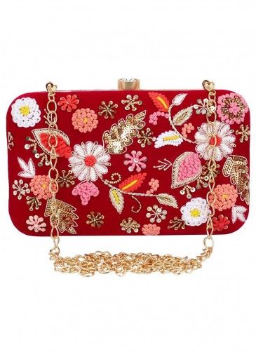 Red Floral Embroidered Silk Clutch With Chain Strap