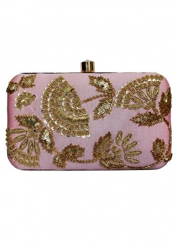 Embroidered Pink Silk Clutch With Chain Strap