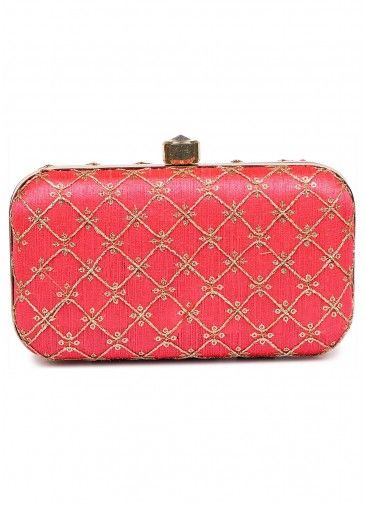 Pink Embroidered Silk Clutch With Chain Strap