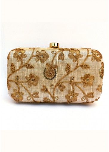 Floral Embroidered Golden Clutch With Chain Strap
