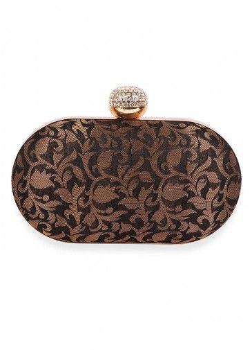 Woven Brocade Black Clutch With Chain Strap