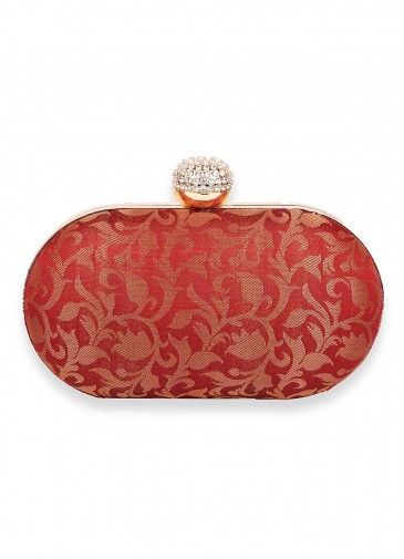 Woven Brocade Maroon Clutch With Chain Strap