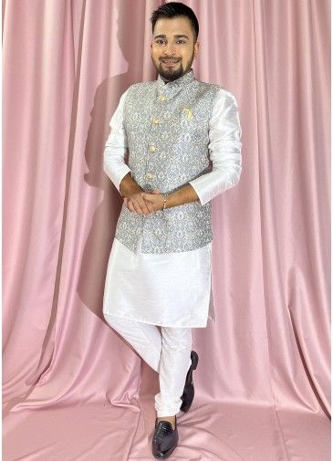 White Readymade Kurta Pajama & Woven Nehru Jacket