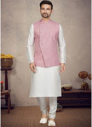 Off White Mens Kurta Pajama & Printed Nehru Jacket