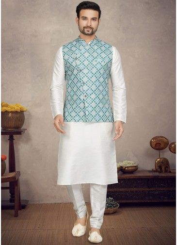 Off White Kurta Pajama & Digital Printed Nehru Jacket