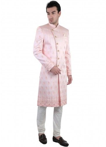 Pink Embroidered Mens Sherwani Set In Brocade