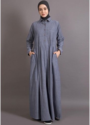 Grey Shirt Style Readymade Cotton Abaya