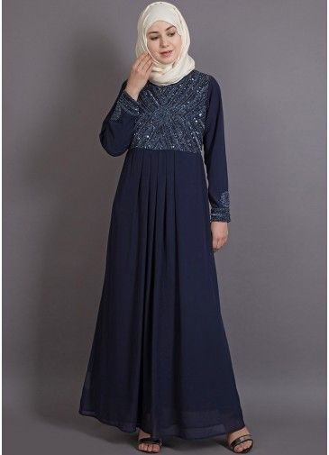 Navy Blue Readymade Embellished Flared Abaya