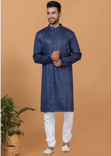 Blue Readymade Embellished Mens Art Silk Kurta Pajama Set