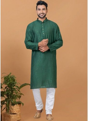Green Readymade Embellished Viscose Mens Kurta Pajama Set