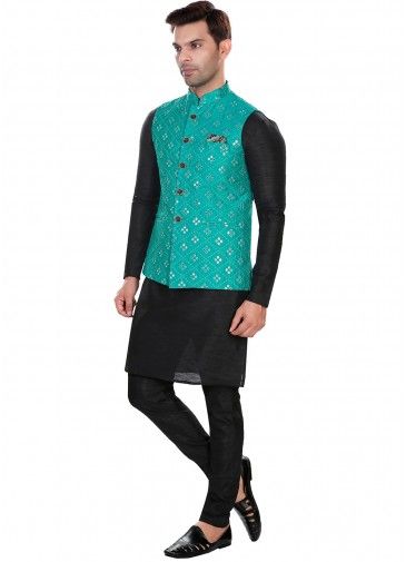 Turquoise Embroidered Silk Nehru Jacket