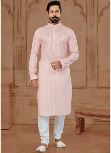 Pink Mens Kurta Pajama In Cotton