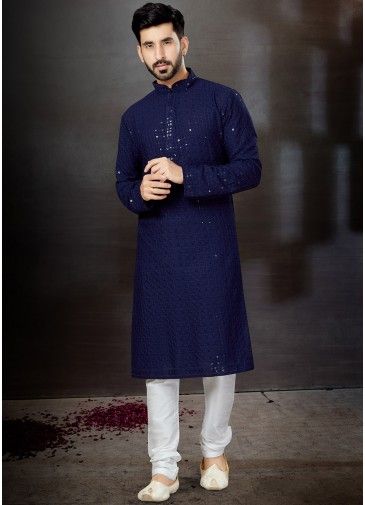 Blue Rayon Mens Kurta In Embroidery