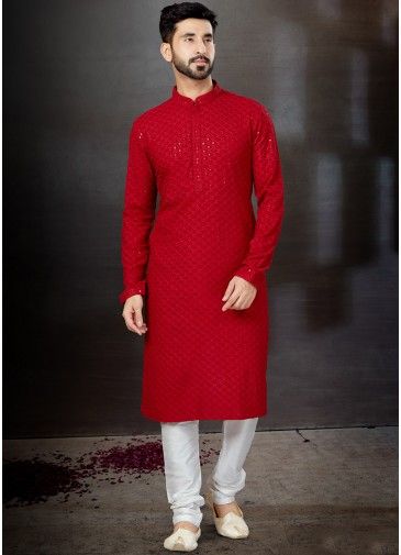 Red Embroidered Kurta In Rayon