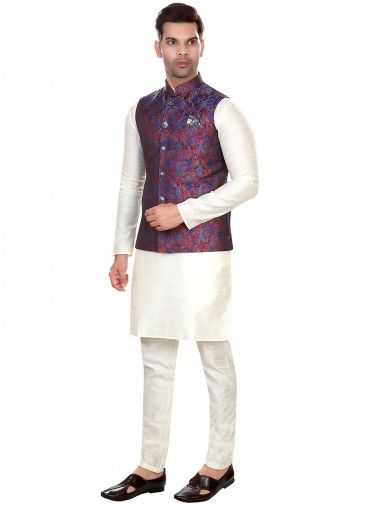 White Kurta Pajama With Woven Nehru Jacket