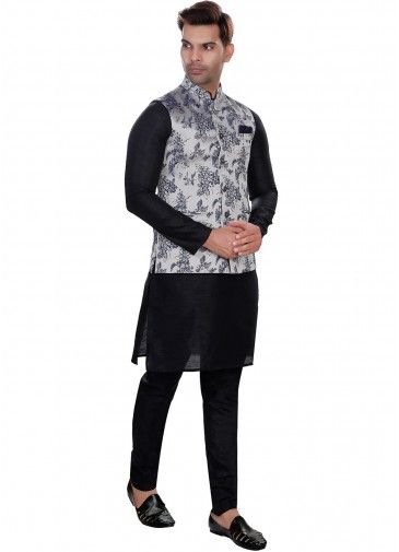 Black Kurta Pajama With Woven Nehru Jacket