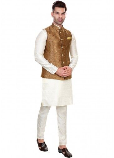 Off -White Men Kurta Pajama With Nehru Jacket