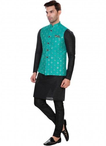 Black Kurta Pajama With Embroidered Nehru Jacket