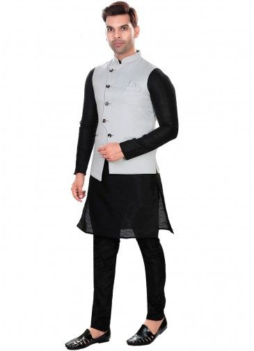 Black Kurta Pajama With Woven Nehru Jacket
