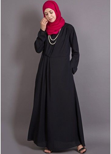 Black Readymade Asymmetrical Pleated Abaya