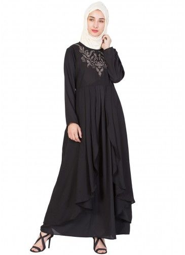 Black Asymmetric Embroidered Readymade Abaya