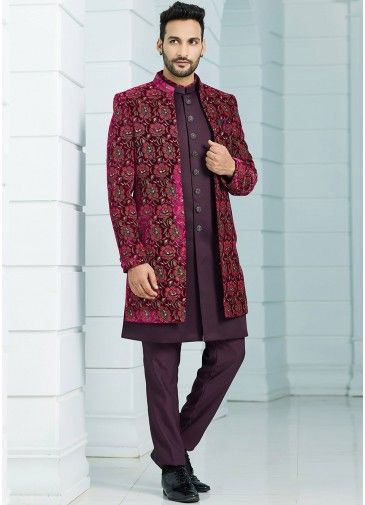 Maroon Readymade Velvet Jacket Style Mens Woven In Sherwani