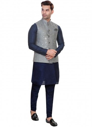 Blue Readymade Nehru Jacket Style Kurta Pajama In Jacquard