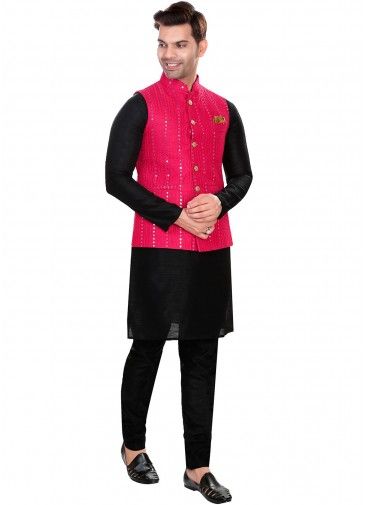 Black Readymade Jacquard Nehru Jacket Style Kurta Pajama 