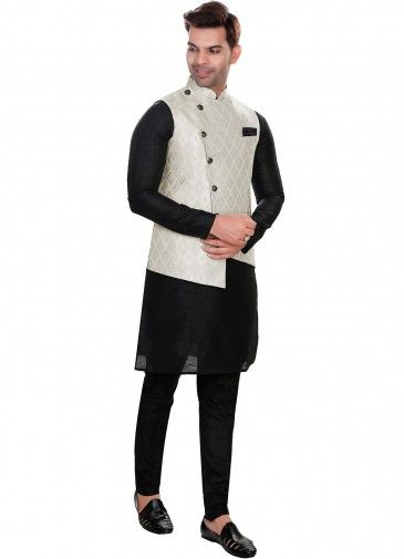 Black Readymade Jacquard Kurta Pajama In Nehru Jacket Style
