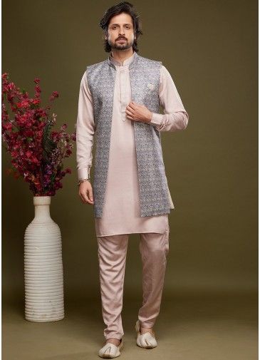 Pink Readymade Printed Art Silk Kurta Pajama In Long Jacket Style