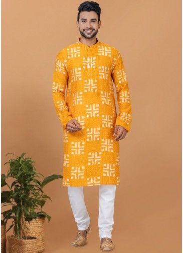 Yellow Chanderi Mens Kurta Pajama In Sequins Embellishment