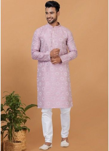 Mauve Pink Printed Mens Kurta Pajama In Art Silk