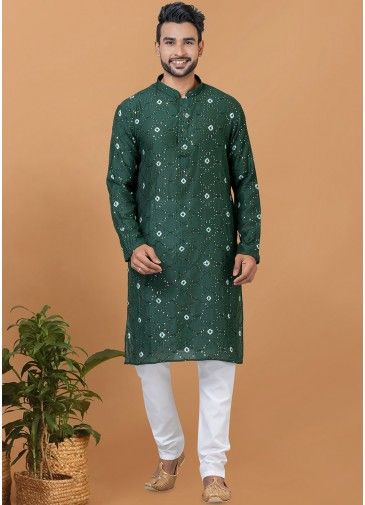 Green Sequins Embellished Mens Kurta Pajama in Chanderi