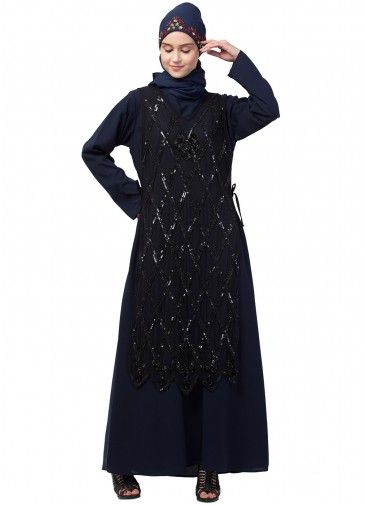 Blue Readymade Twin Layered Embroidered Abaya