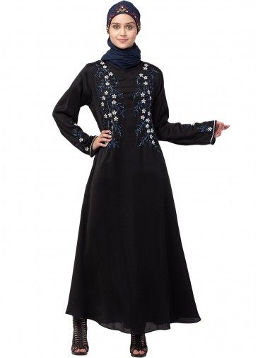 Readymade Black Embroidered Abaya In Nida