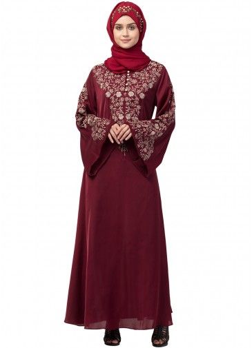 Maroon Resham Embroidered Readymade Abaya