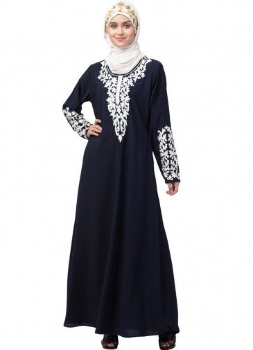Blue Readymade Embroidered Abaya In Nida