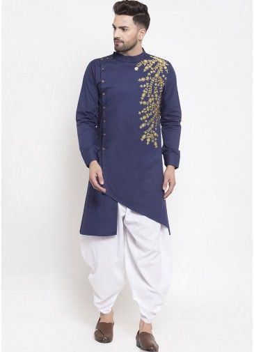 Navy Blue Embroidered Dhoti Kurta In Cotton