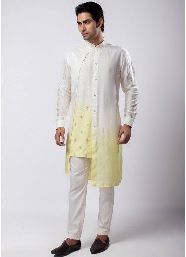 Shaded Cream & Yellow Embroidered Kurta Pajama