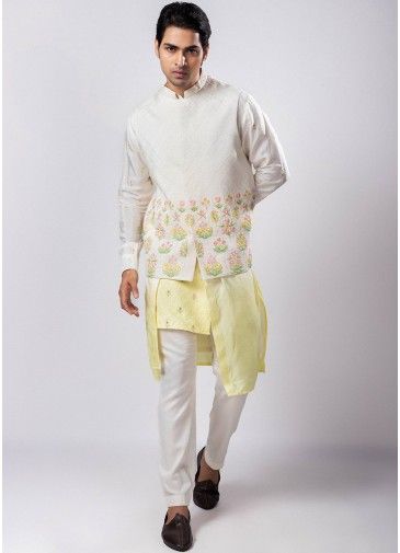 Shaded Cream & Yellow Nehru Jacket With Kurta Pajama